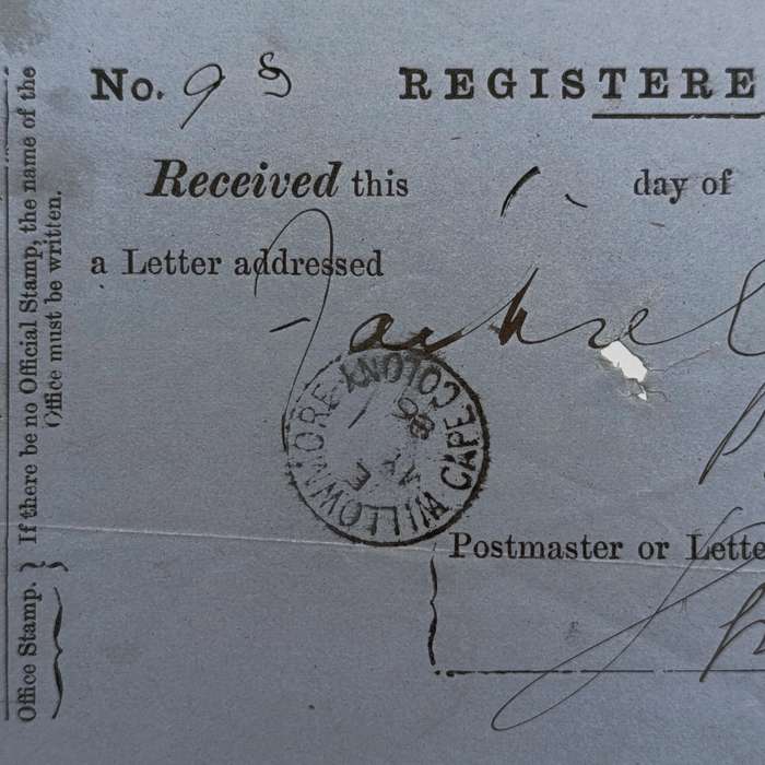 1886 Registered letter receipt, sent from Willowmore to Port Elizabeth