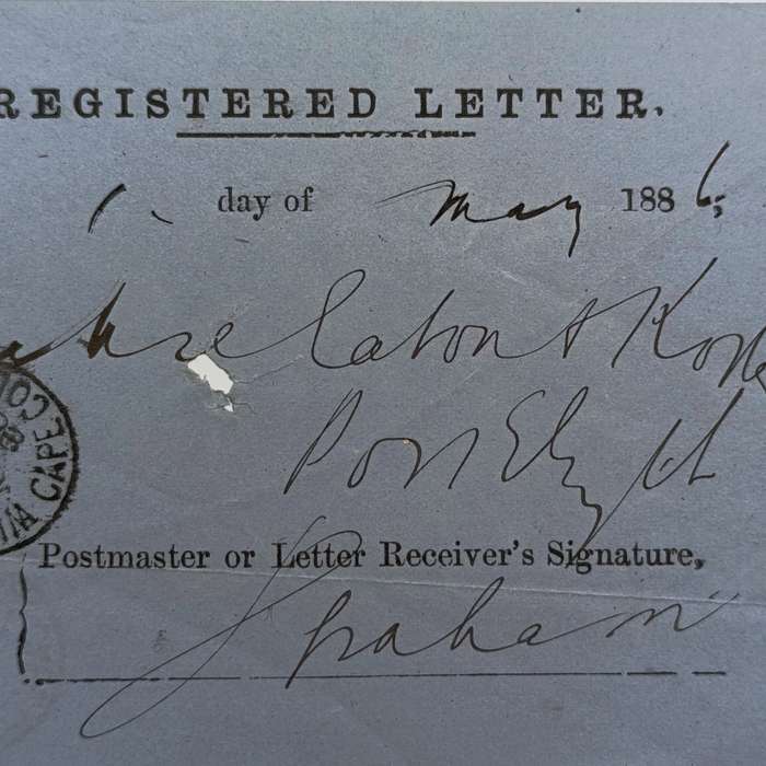 1886 Registered letter receipt, sent from Willowmore to Port Elizabeth