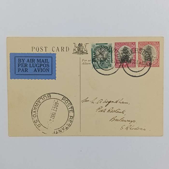 Airmail postcard Pietersburg, South Africa to Bulawayo, Southern Rhodesia posted 6 October 1932