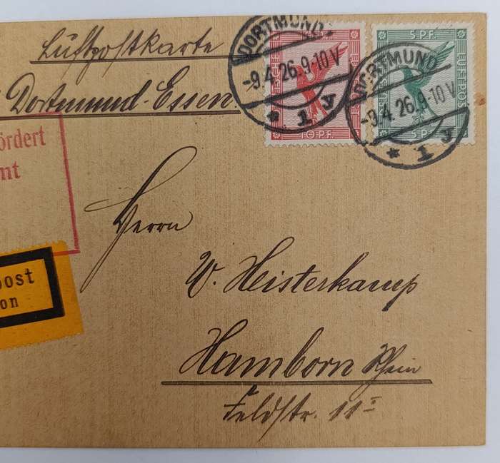 German airmail card flown from Dortmund to Hamborn 9 April 1926