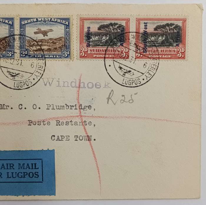 Airmail cover flown Windhoek South West Africa to Cape Town South Africa