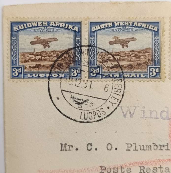 Airmail cover flown Windhoek South West Africa to Cape Town South Africa