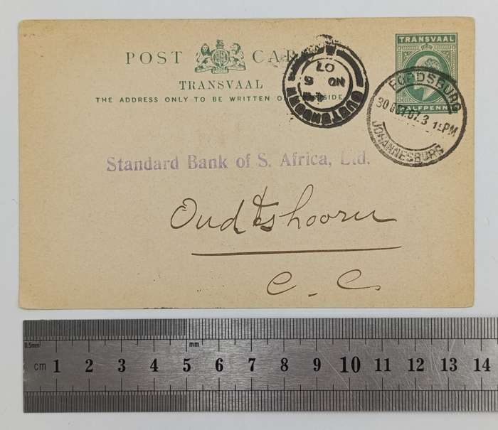 Postcard Fordsburg Transvaal (Johannesburg) to Oudtshoorn Cape colony 30 October 1907