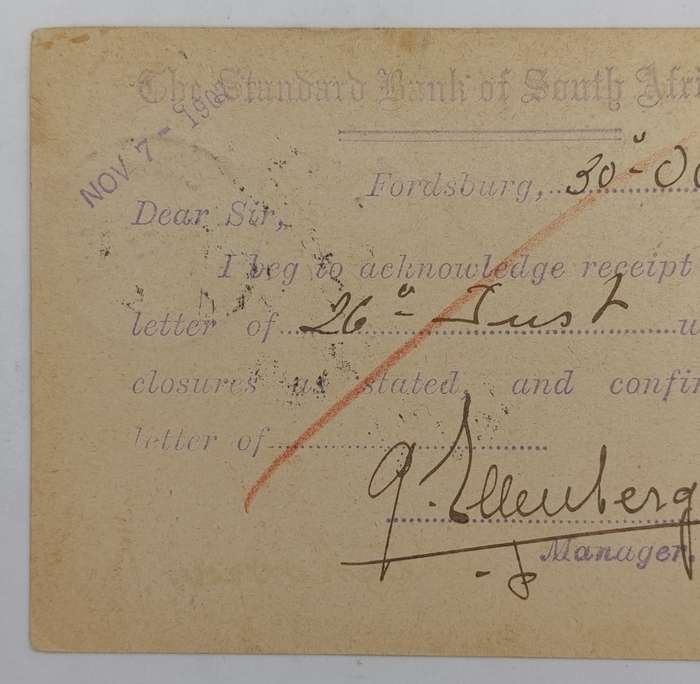 Postcard Fordsburg Transvaal (Johannesburg) to Oudtshoorn Cape colony 30 October 1907