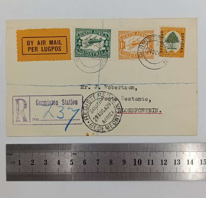 Registered airmail cover Germiston Station to Bloemfontein, South Africa with Orange airmail label