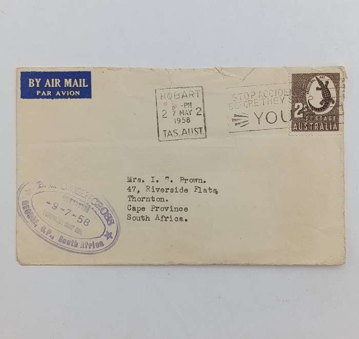 Postal History 1958 letter from Hobart, Australia to Thornton