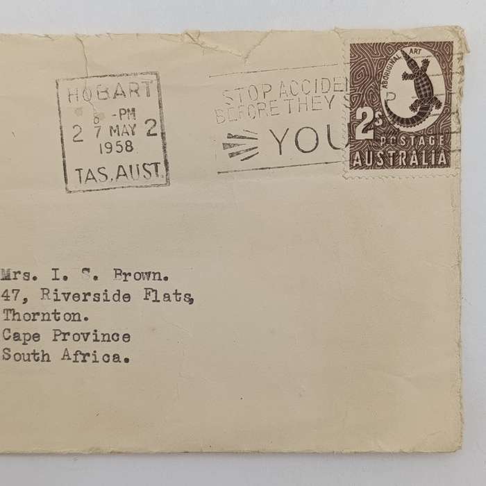 Postal History 1958 letter from Hobart, Australia to Thornton