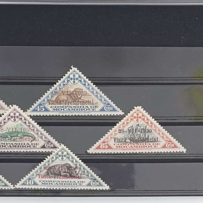 Set of Companhia de Mocambique triangular animal stamps with 1939 presidential visit overstamp
