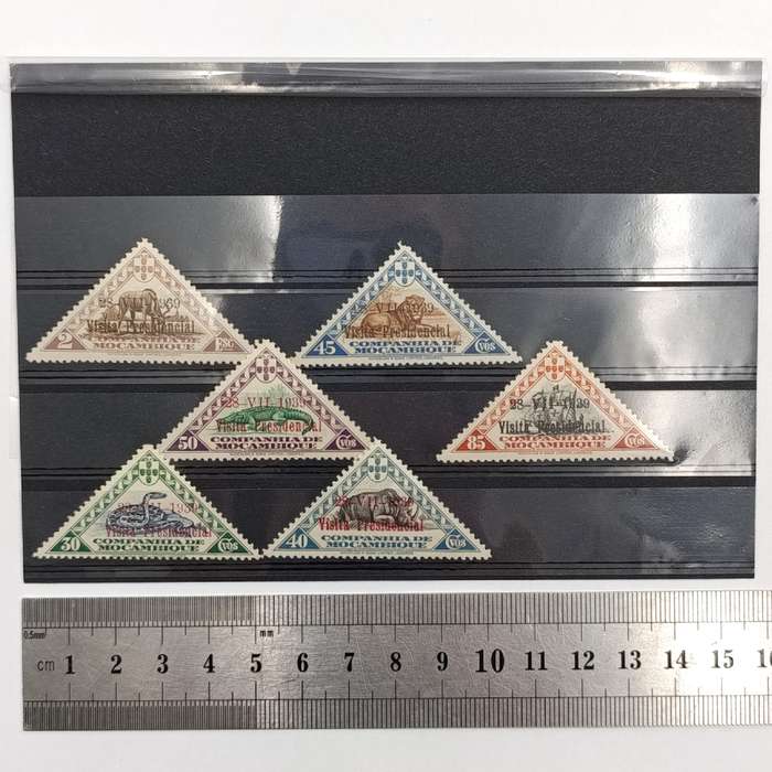 Set of Companhia de Mocambique triangular animal stamps with 1939 presidential visit overstamp