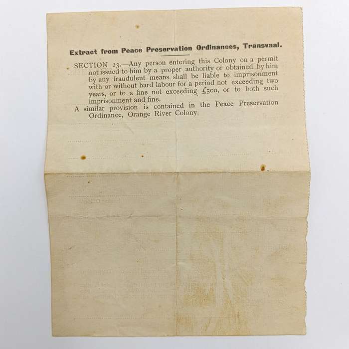 Permit to enter and reside in the Transvaal and Orange River Colony