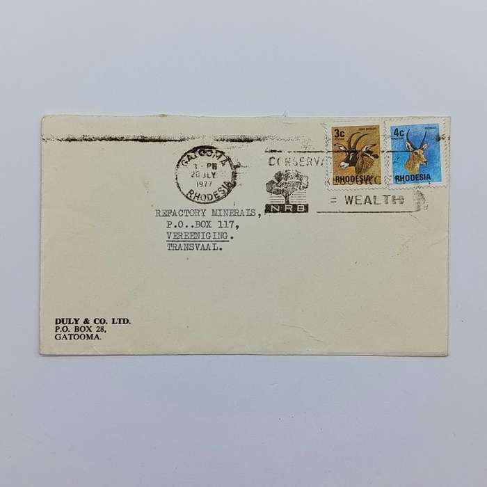 Postal cover from Gatooma, Rhodesia to Vereeniging, South Africa on Duly & Co.LTD Stationery