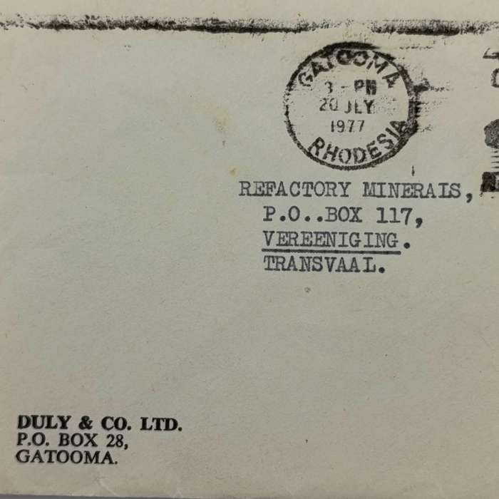 Postal cover from Gatooma, Rhodesia to Vereeniging, South Africa on Duly & Co.LTD Stationery