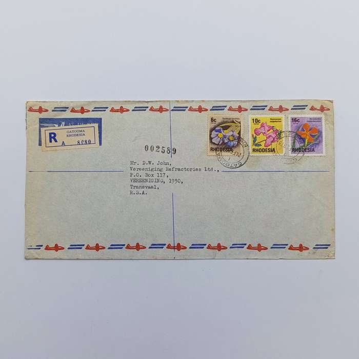 Registered postal cover from Gatooma, Rhodesia to Vereeniging