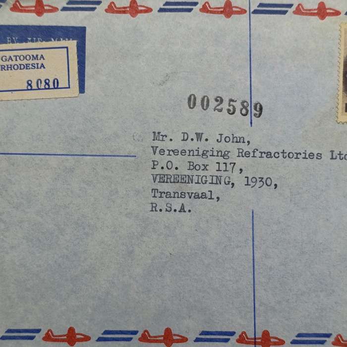 Registered postal cover from Gatooma, Rhodesia to Vereeniging