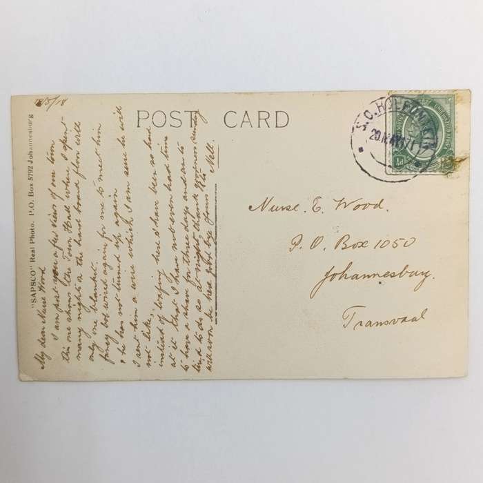 Postcard from Holfontein to Johannesburg with Violet Holfontein cancel