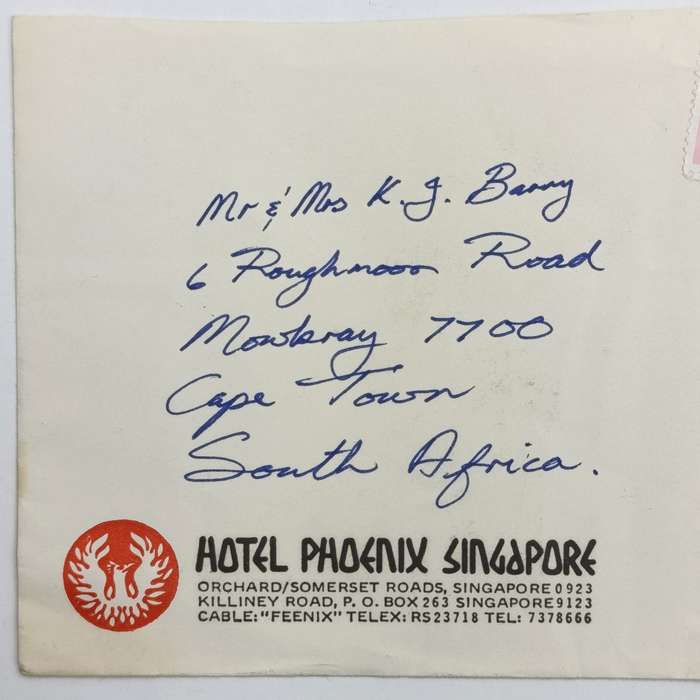 Postal cover from Indonesia to Mowbray, South Africa on Hotel Phoenix Singapore stationery