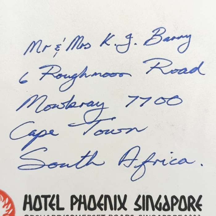 Postal cover from Indonesia to Mowbray, South Africa on Hotel Phoenix Singapore stationery