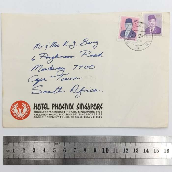 Postal cover from Indonesia to Mowbray, South Africa on Hotel Phoenix Singapore stationery