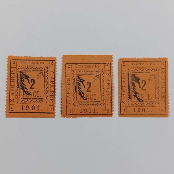 Set of 3 ZAR Pietersburg 2 Pence stamps - All 3 perforated types with controller's initials in black