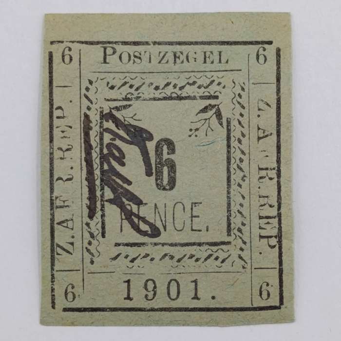 1901 ZAR Pietersburg type 2 imperforated 6 Pence stamp with controller's initials in black - mint