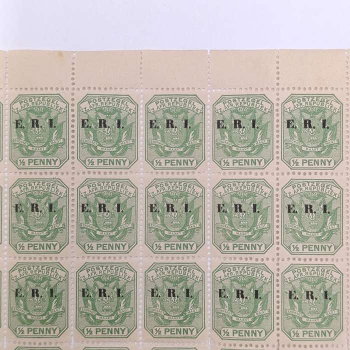 ZAR stamps full page of 60 mint stamps ERI overprint with faults indicated - RARE FIND