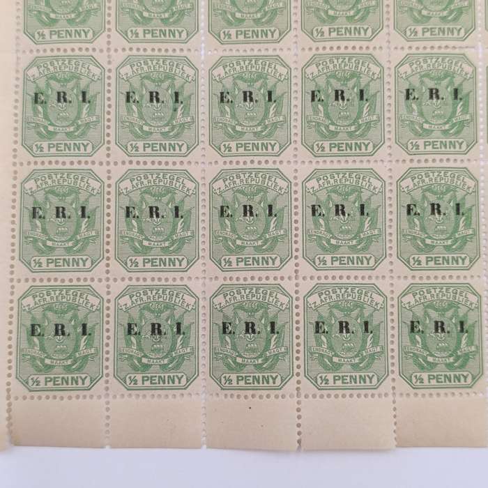 ZAR stamps full page of 60 mint stamps ERI overprint with faults indicated - RARE FIND