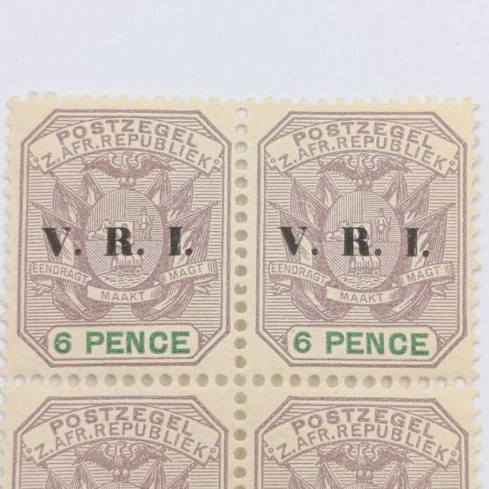 ZAR Block of 4 mint stamps 6 Pence overprinted V.R.I SACC 238