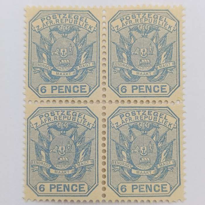 ZAR Block of 4 wagon with double shaft 6 Pence mint stamps SACC 208