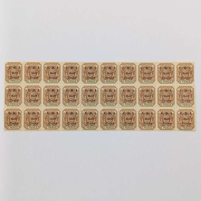 ZAR 1901 E.R.I. overprinted Half Penny on 2 Pence block of 30 mint stamps variations