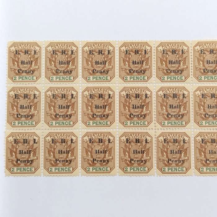 ZAR 1901 E.R.I. overprinted Half Penny on 2 Pence block of 30 mint stamps variations