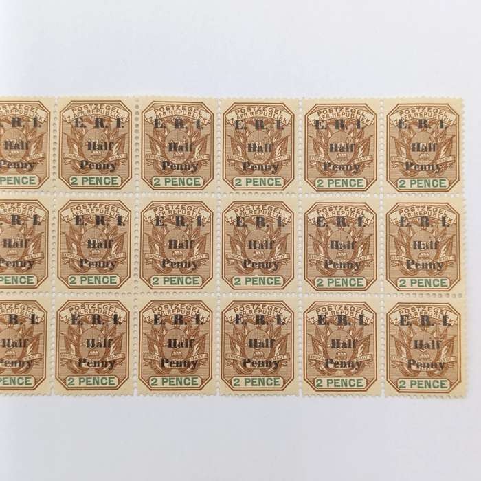 ZAR 1901 E.R.I. overprinted Half Penny on 2 Pence block of 30 mint stamps variations