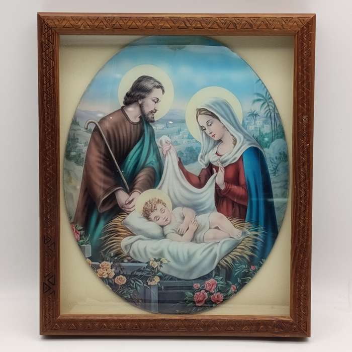 Antique Convex glass print of Joseph and Mary with baby Jesus - in box frame