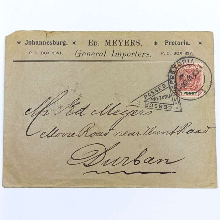 Censored cover - Boer War period - Pretoria to Durban - 1 Penny ZAR stamp cancelled 4 October 1901