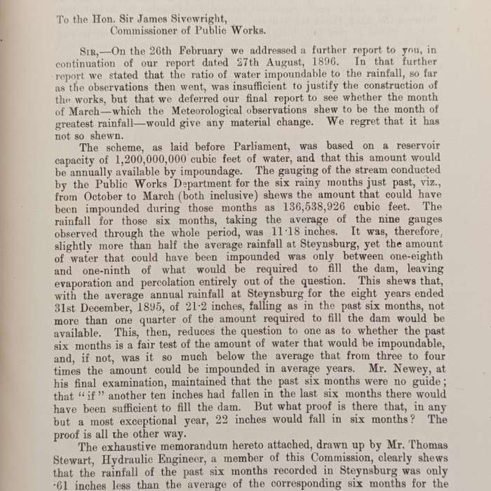 Cape of Good Hope Report of the Steynsburg irrigation commission 1896-7 presented to both houses