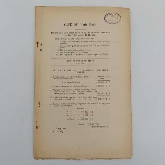 Cape of Good Hope 1904 Return in respect to the Thebus irrigation scheme