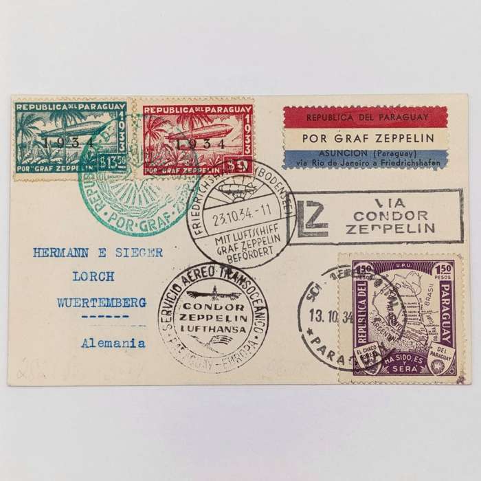 Attractive Zeppelin card with 1934 Paraguayan Franking - 3 paraguay stamps Graf zeppelin stamp