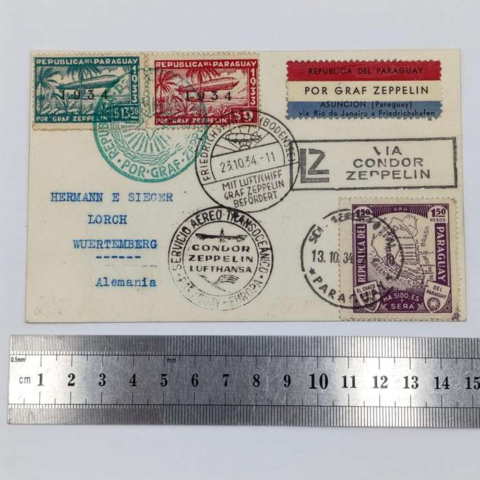 Attractive Zeppelin card with 1934 Paraguayan Franking - 3 paraguay stamps Graf zeppelin stamp