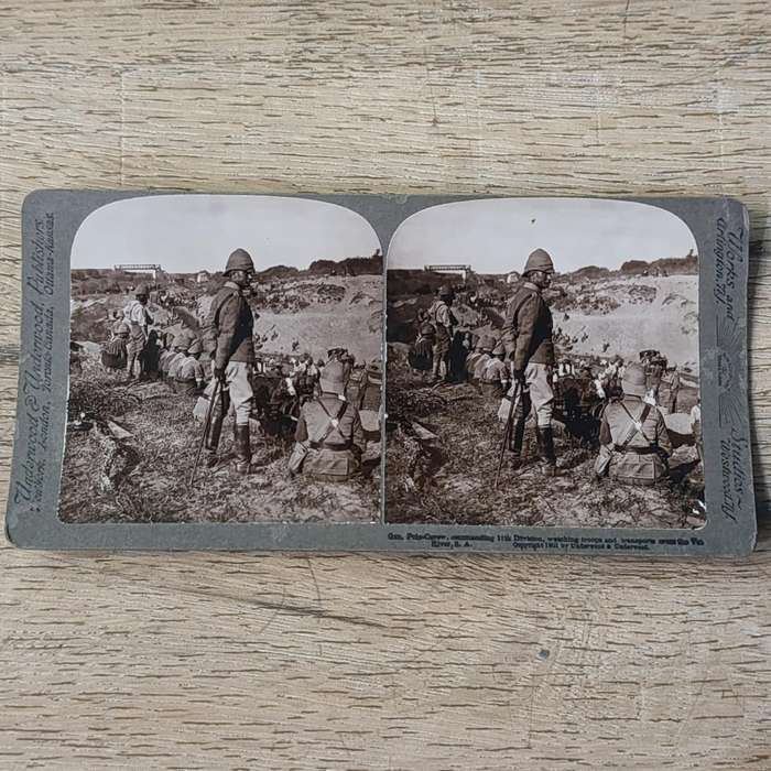 Boer War stereoscope card - Gen. Pole-Carew commanding 11th  Division, watching troops and transport
