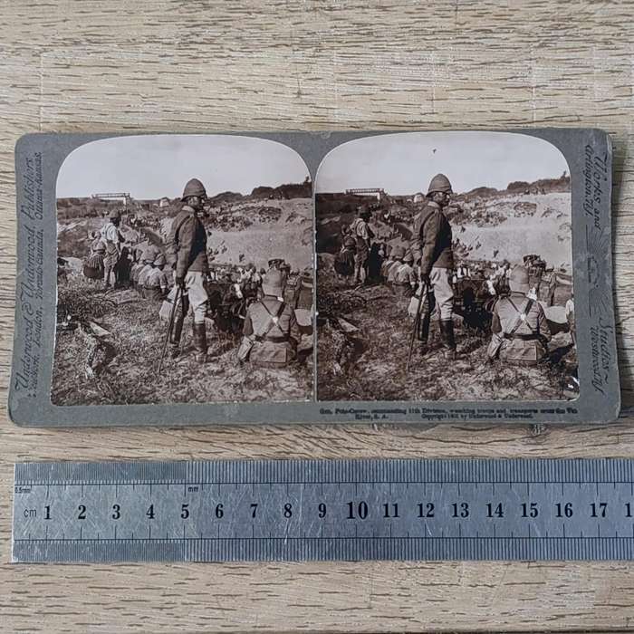 Boer War stereoscope card - Gen. Pole-Carew commanding 11th  Division, watching troops and transport