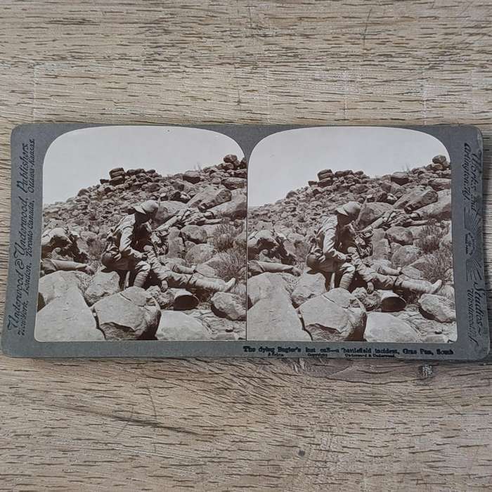Boer War stereoscope card - The dying Bugler's last call - a Battlefield incident Gras Pan