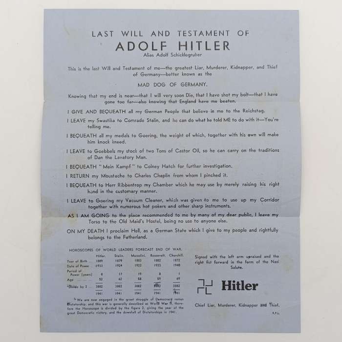 WW2 Propaganda leaflet - Last will and Testament of Adolf Hitler