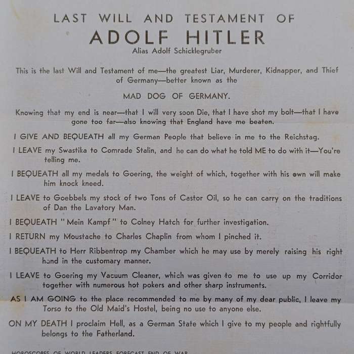 WW2 Propaganda leaflet - Last will and Testament of Adolf Hitler