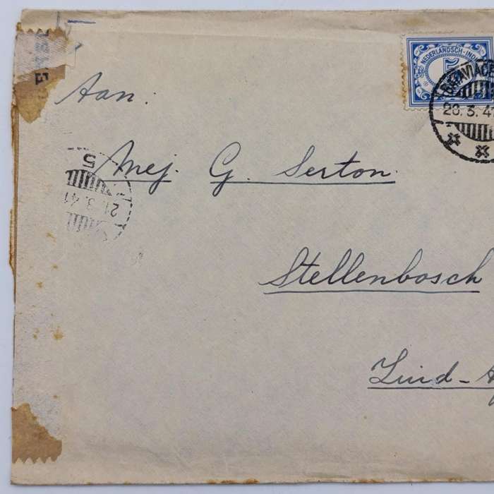 Postal cover Bataviacentrum to Stellenbosch, South Africa - Censored and posted 20 March 1941