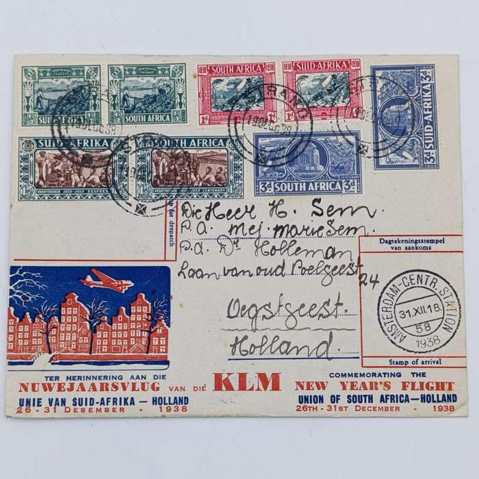 Commemorating New Years Flight Cover - Union of South Africa to Holland with SACC 75-80 stamps