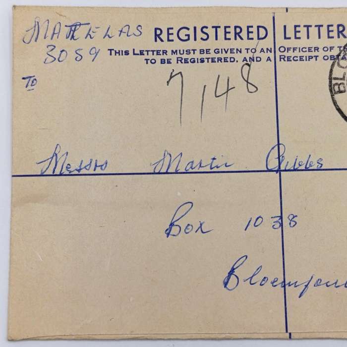 Registered Letter Matelas, Lesotho through Maseru to Bloemfontein, South Africa