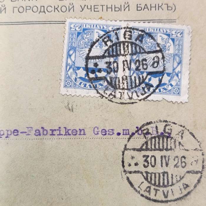Postal cover RIGA, Latvia to Berlin, Germany with 2 blue Latvia stamps cancelled 30 April 1926