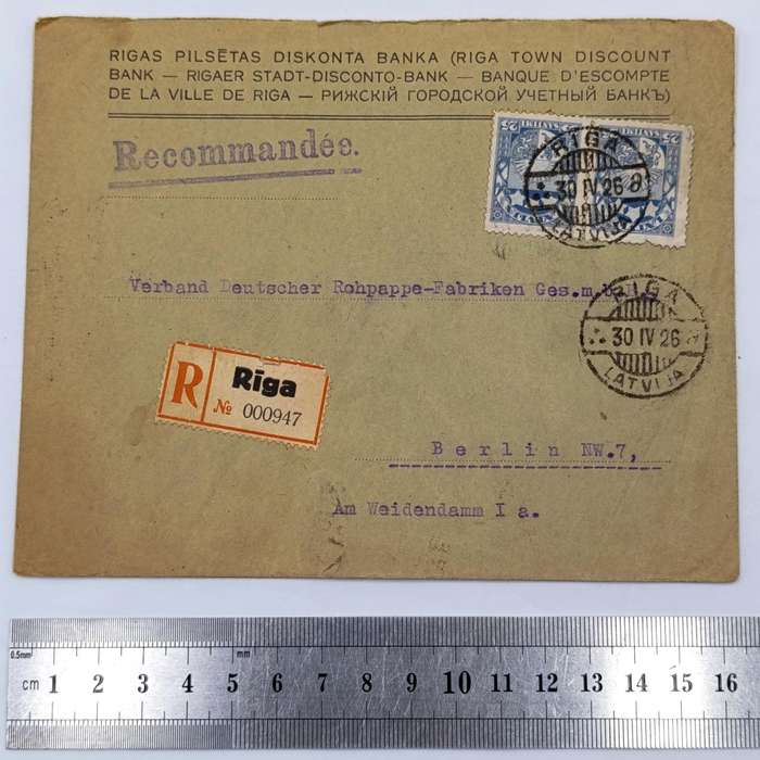 Postal cover RIGA, Latvia to Berlin, Germany with 2 blue Latvia stamps cancelled 30 April 1926