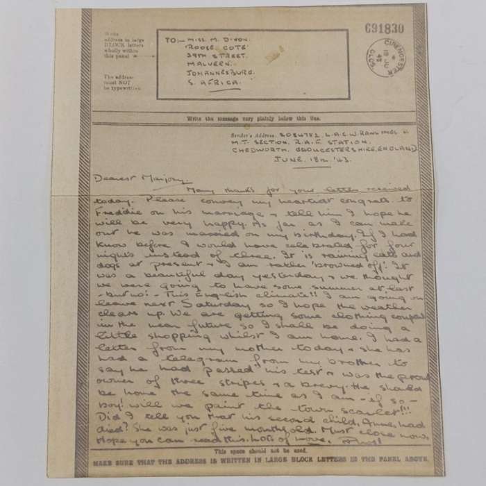 WW2 Airgraph - 1943 cirencester UK to Johannesburg, South Africa