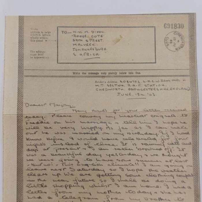 WW2 Airgraph - 1943 cirencester UK to Johannesburg, South Africa