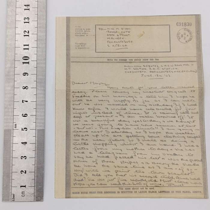 WW2 Airgraph - 1943 cirencester UK to Johannesburg, South Africa